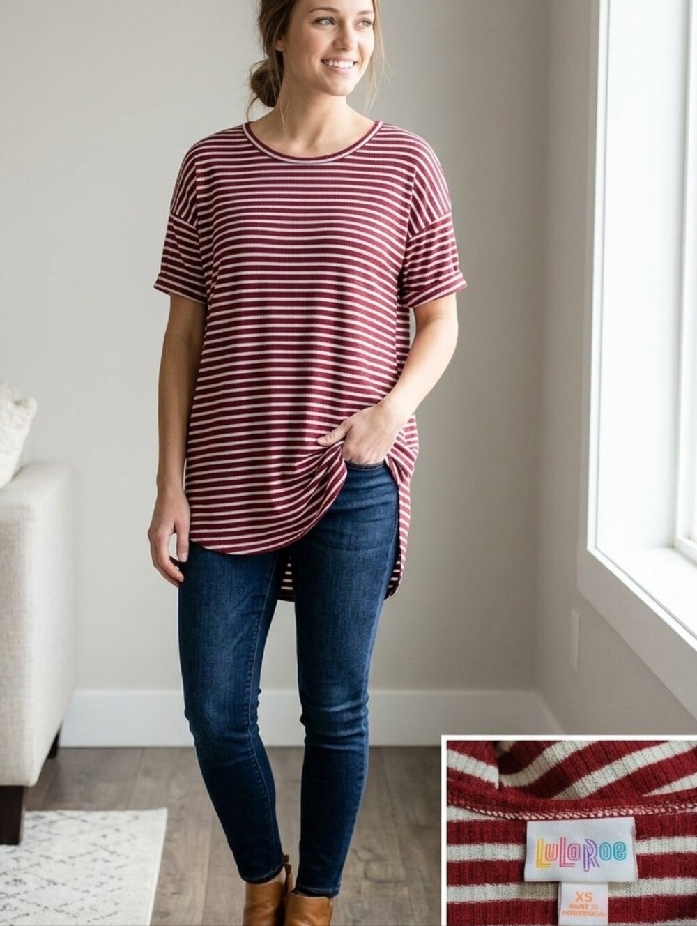 LuLaRoe Irma Ribbed Stretchy Sweater Striped Short Sleeve Tunic Top Red & White